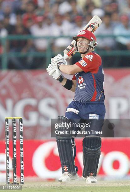 Delhi Daredevils batsman David Warner plays a shot during IPL 5 T20 cricket match played between Delhi Daredevils and Kings XI Punjab at HPCA stadium...