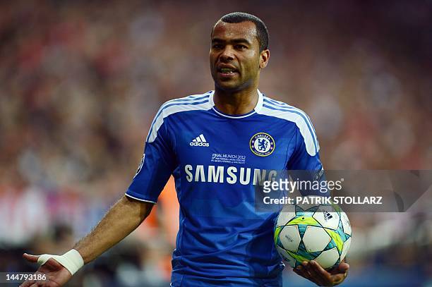 Chelsea's English defender Ashley Cole gestures during the UEFA Champions League final football match between FC Bayern Muenchen and Chelsea FC on...
