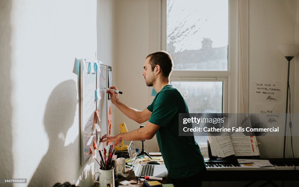 A man leans over a messy desk and writes on a wall-mounted whiteboard in a home-office environment