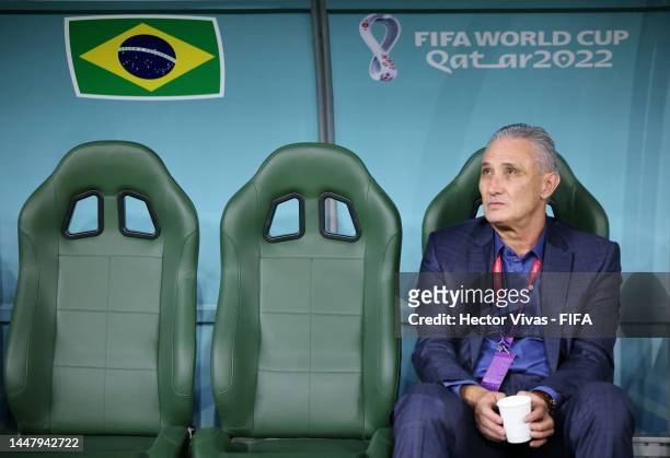 Adenor Leonardo Bacchi, Head Coach of Brazil, looks on prior to the FIFA World Cup Qatar 2022 quarter final match between Croatia and Brazil at...