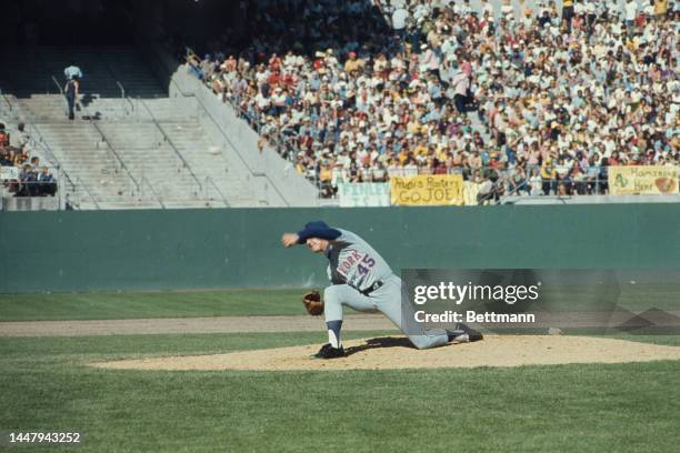 American baseball player Tug McGraw in action during an 1973 World Series match between the Oakland Athletics and the New York Mets, at the...