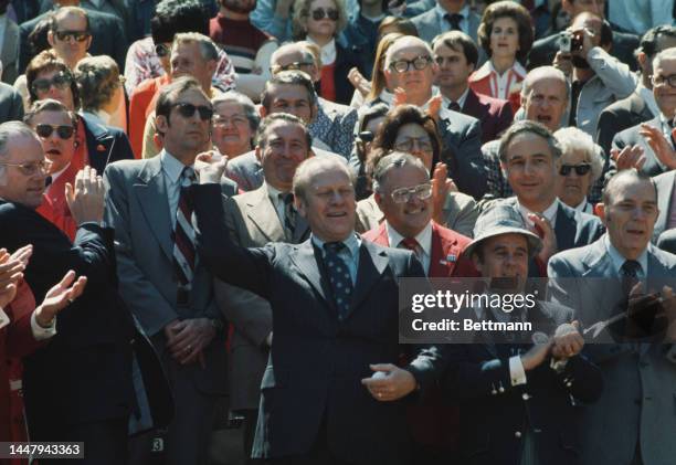 American politician Gerald Ford , Vice President of the United States, throws out the first ball during the match between Cincinnati Reds and the...