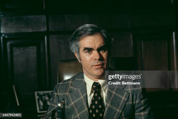 American politician and lawyer Bob Casey Sr , Auditor General of Pennsylvania, wearing a checked blazer over a white shirt with a polka dot tie,...