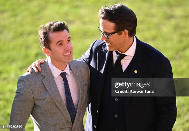 Co-Owners Wrexham AFC Rob McElhenney and Ryan Reynolds talk as they wait for the arrival of King Charles III and Camilla, Queen Consort during their...