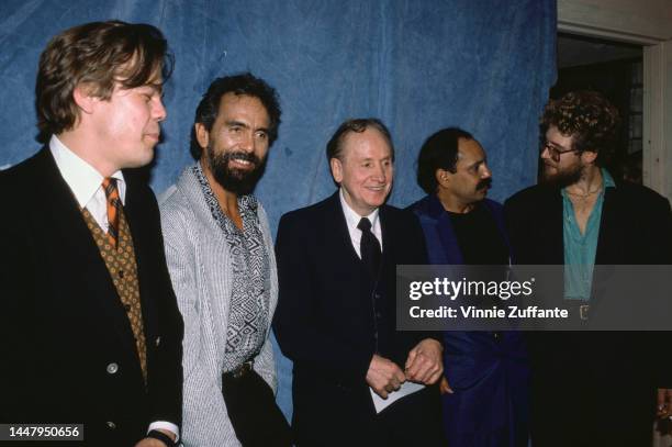 David Johansen, Tommy Chong, Les Paul, Cheech Marin and Adam Clayton attend an event, 10th November 1985.