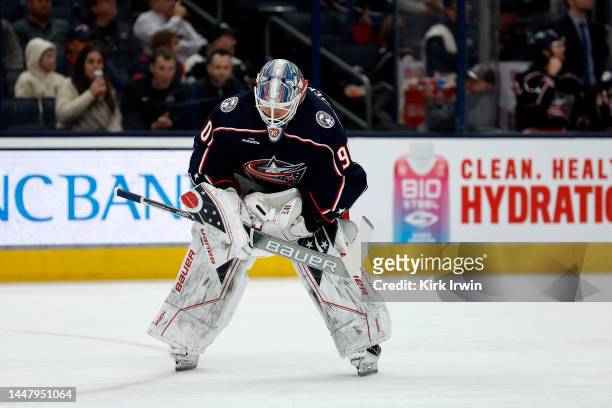 Elvis Merzlikins of the Columbus Blue Jackets skates onto the ice after coming in in relief of Joonas Korpisalo during the game against the Buffalo...