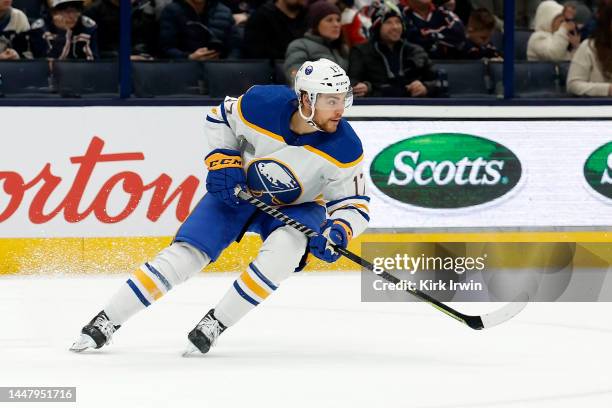 Tyson Jost of the Buffalo Sabres skates after the puck during the game against the Columbus Blue Jackets at Nationwide Arena on December 7, 2022 in...