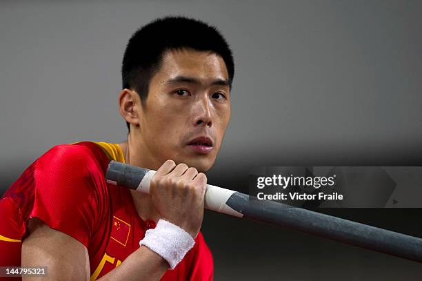 Yansheng Yang of China competes to win the Men's Pole Vault during the Samsung Diamond League on May 19, 2012 at the Shanghai Stadium in Shanghai,...