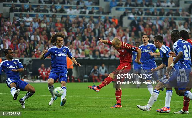 Arjen Robben of FC Bayern Muenchen shoots at goal during UEFA Champions League Final between FC Bayern Muenchen and Chelsea at the Fussball Arena...