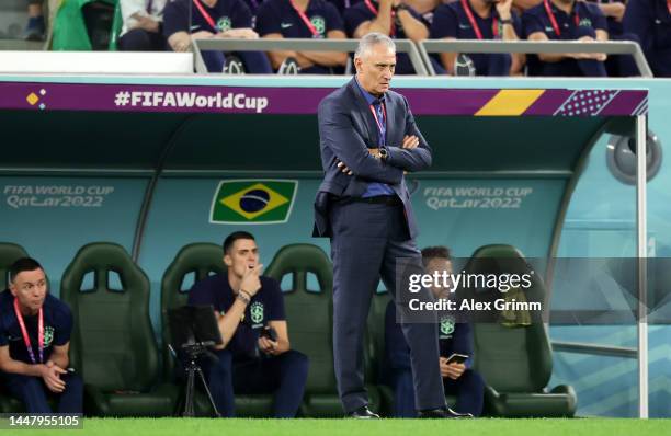 Adenor Leonardo Bacchi, Head Coach of Brazil, looks on during the FIFA World Cup Qatar 2022 quarter final match between Croatia and Brazil at...