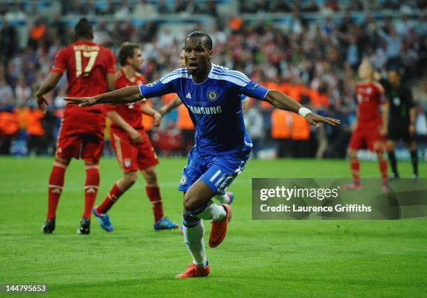 Didier Drogba of Chelsea celebrates after scoring his team’s first goal during UEFA Champions League Final between FC Bayern Muenchen and Chelsea at...