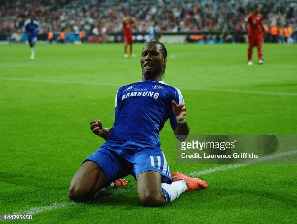 Didier Drogba of Chelsea celebrates after scoring his team’s first goal during UEFA Champions League Final between FC Bayern Muenchen and Chelsea at...