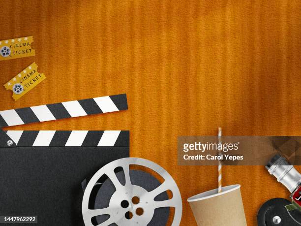 3d glasses, movie tickets with pop corn - directors chair stock pictures, royalty-free photos & images