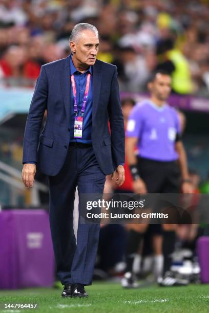 Adenor Leonardo Bacchi, Head Coach of Brazil, looks on during the FIFA World Cup Qatar 2022 quarter final match between Croatia and Brazil at...