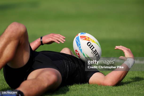 Gilbert rugby ball seen after Tone Ng Shiu of New Zealand scored a try during the match between Argentina and New Zealand on day one of the HSBC...