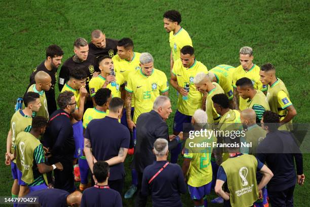 Adenor Leonardo Bacchi, Head Coach of Brazil, speaks to players in the huddle before the extra time during the FIFA World Cup Qatar 2022 quarter...