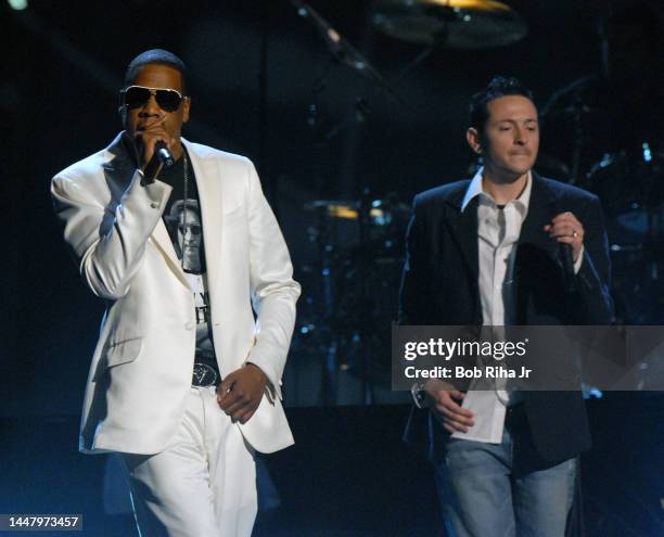 Jay-Z and Chester Bennington of Linkin Park perform Numb/Encore at the Grammy Awards Show, February 8, 2006 in Los Angeles, California.