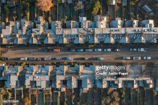 drone view of a street of victorian terraced houses on a cold frosty morning - cambridge aerial stock pictures, royalty-free photos & images