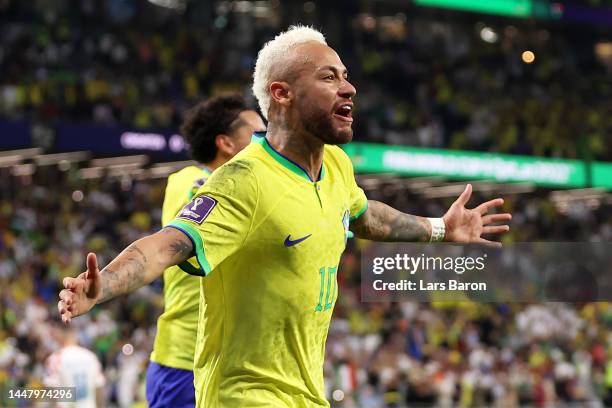 Neymar of Brazil celebrates after scoring the team's first goal during the FIFA World Cup Qatar 2022 quarter final match between Croatia and Brazil...