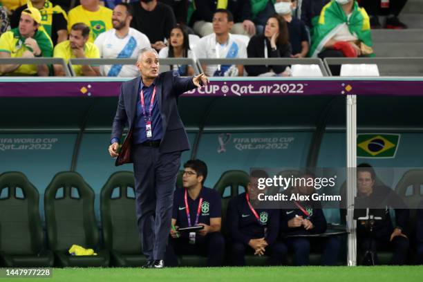Adenor Leonardo Bacchi, Head Coach of Brazil, gives the team instructions during the FIFA World Cup Qatar 2022 quarter final match between Croatia...