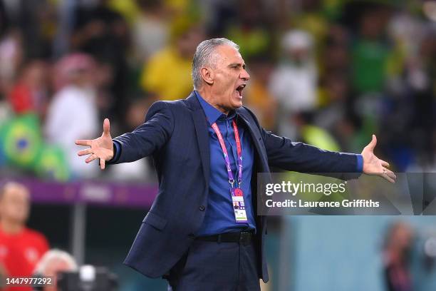 Adenor Leonardo Bacchi, Head Coach of Brazil, reacts during the FIFA World Cup Qatar 2022 quarter final match between Croatia and Brazil at Education...