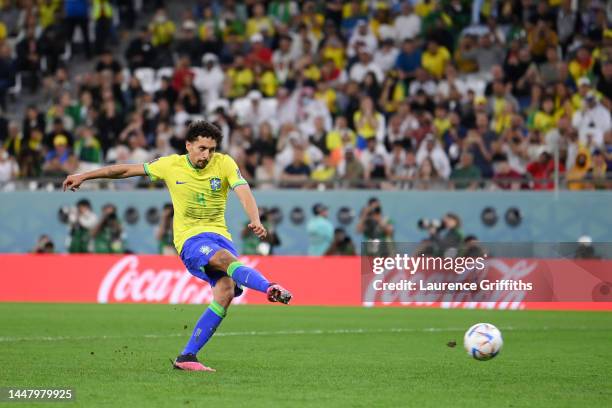 Marquinhos of Brazil misses the team's fourth penalty in the penalty shoot out during the FIFA World Cup Qatar 2022 quarter final match between...