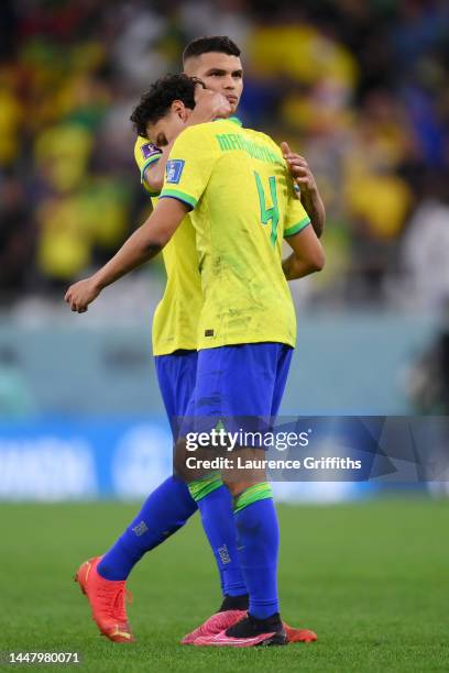 Marquinhos reacts with Thiago Silva of Brazil after missing the deciding penalty in the penalty shoot out during the FIFA World Cup Qatar 2022...