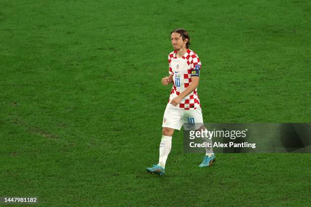 Luka Modric of Croatia celebrates scoring the team's third penalty in the penalty shoot out during the FIFA World Cup Qatar 2022 quarter final match...