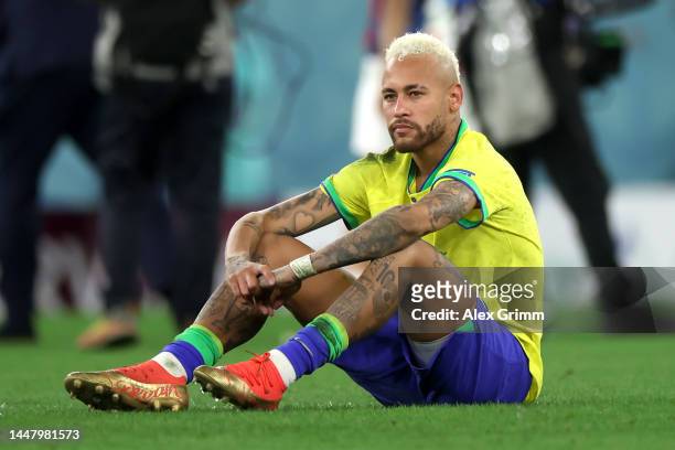Neymar of Brazil reacts after the loss in the penalty shootout during the FIFA World Cup Qatar 2022 quarter final match between Croatia and Brazil at...