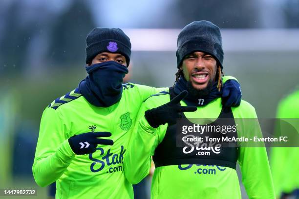 Demarai Gray and Alex Iwobi during the Everton Training Session at Finch Farm on December 09, 2022 in Halewood, England.