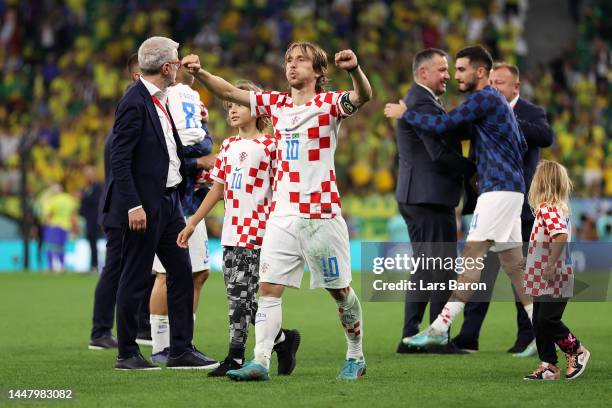 Luka Modric of Croatia celebrates after the team's victory in the penalty shoot out during the FIFA World Cup Qatar 2022 quarter final match between...