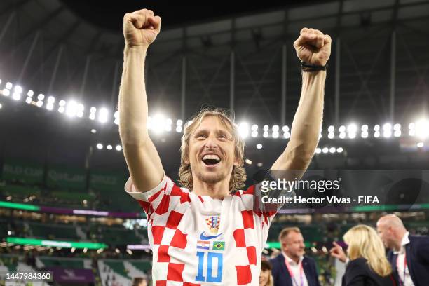 Luka Modric of Croatia celebrates after the team's victory in the penalty shoot out during the FIFA World Cup Qatar 2022 quarter final match between...