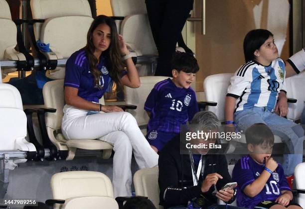 General view of family members of Lionel Messi in a hospitality box prior to kick off, including Antonela Roccuzzo, Wife of Lionel Messi, Mateo Messi...