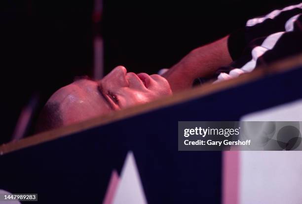 View of British Pop, Rock, & World museum Peter Gabriel performs onstage, during the Dr Pepper Music Festival, in Central Park's Wolman Rink, New...