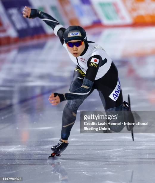 Miho Takagi of Japan races in the 500m Women Division B during the ISU World Cup Speed Skating at the Calgary Olympic Oval on December 9, 2022 in...