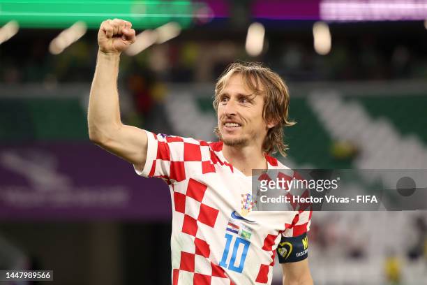 Luka Modric of Croatia celebrates after the win via a penalty shootout during the FIFA World Cup Qatar 2022 quarter final match between Croatia and...