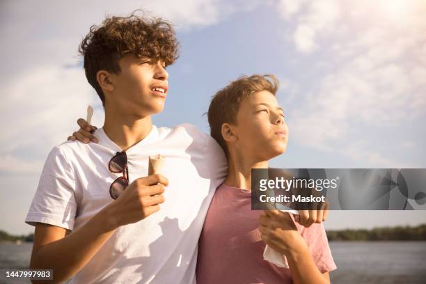 contemplative brothers with arms around holding ice cream cones on sunny day - day 14 stock-fotos und bilder