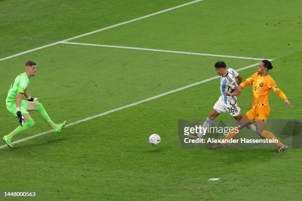 Nahuel Molina of Argentina scores the team's first goal past Andries Noppert of Netherlands during the FIFA World Cup Qatar 2022 quarter final match...