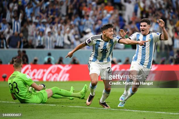 Nahuel Molina of Argentina celebrates after scoring the team's first goal during the FIFA World Cup Qatar 2022 quarter final match between...