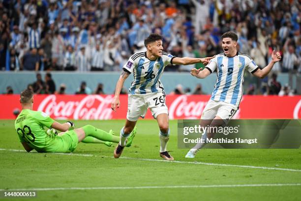 Nahuel Molina of Argentina celebrates after scoring the team's first goal during the FIFA World Cup Qatar 2022 quarter final match between...