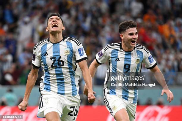 Nahuel Molina of Argentina celebrates after scoring the team's first goal during the FIFA World Cup Qatar 2022 quarter final match between...