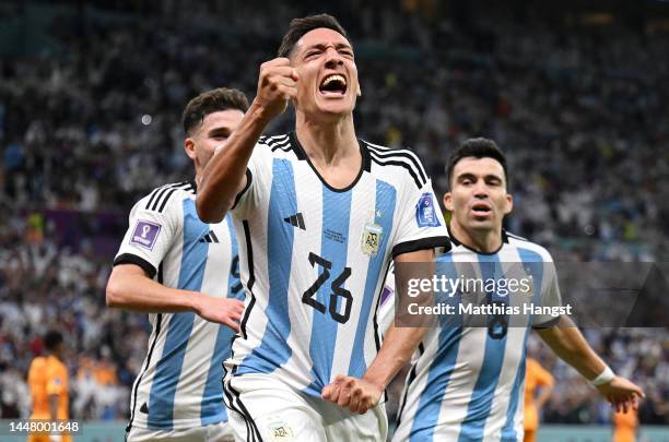 Nahuel Molina of Argentina celebrates after scoring the team's first goal during the FIFA World Cup Qatar 2022 quarter final match between...