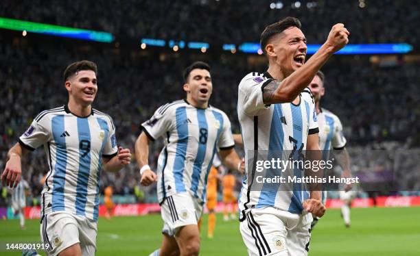 Nahuel Molina of Argentina celebrates after scoring the team's first goal during the FIFA World Cup Qatar 2022 quarter final match between...