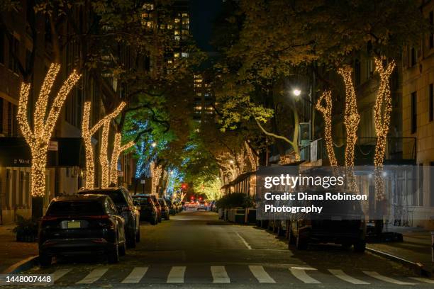 christmas lights on the trees on west 65th street just off central park west, new york city - new york central cars stock pictures, royalty-free photos & images