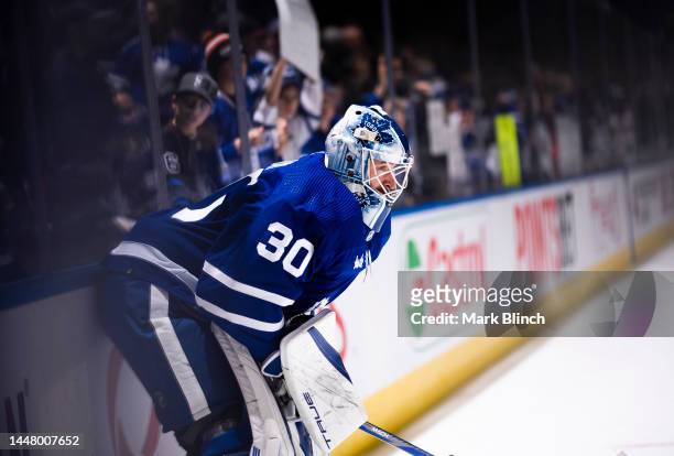 Matt Murray of the Toronto Maple Leafs takes part in warm ups before playing against the Los Angeles Kings at the Scotiabank Arena on December 8,...