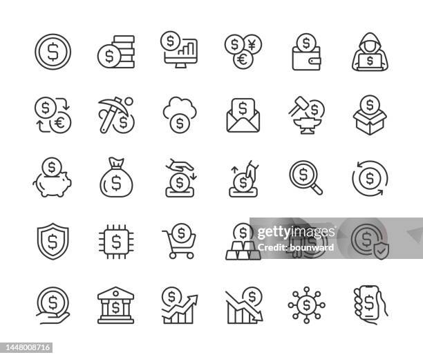 finance line icons. editable stroke. - coin bank stock illustrations