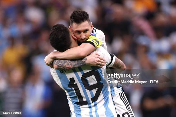 Lionel Messi of Argentina celebrates after scoring the team's second goal during the FIFA World Cup Qatar 2022 quarter final match between...
