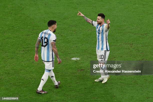 Lionel Messi of Argentina celebrates after scoring the team's second goal during the FIFA World Cup Qatar 2022 quarter final match between...