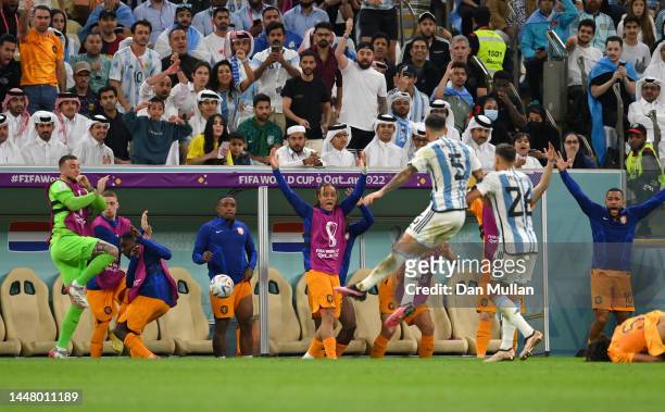 Leandro Paredes of Argentina kicks the ball to Netherlands bench after fouling on Nathan Ake of Netherlands during the FIFA World Cup Qatar 2022...