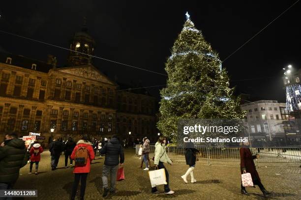 General view of Christmas tree on Dam Plaza on December 9, 2022 in Amsterdam, Netherlands. December marks the start of the festive holiday season in...